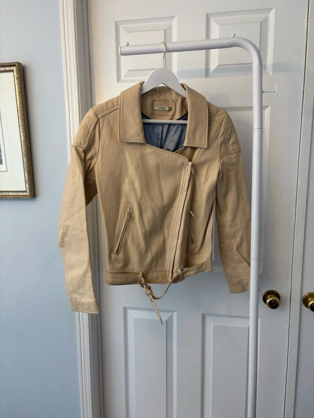 Uterque Cream Sheep Leather Jacket Blue Lining With Gold Hardware Size Small - Picture 2 of 16